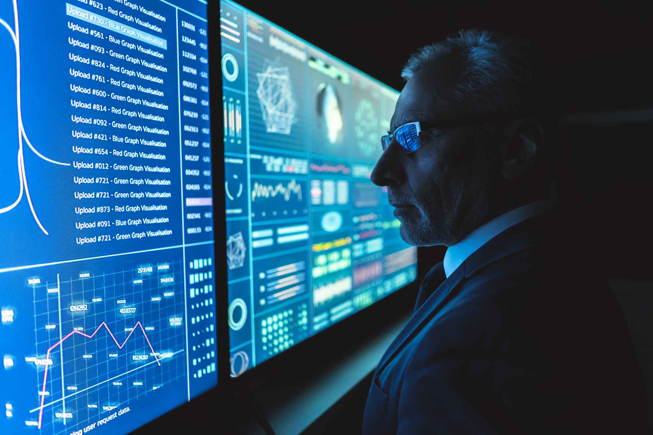 Software development manager monitoring risk dashboards and real-time analytics across multiple displays to identify and track project threats and KRIs.
