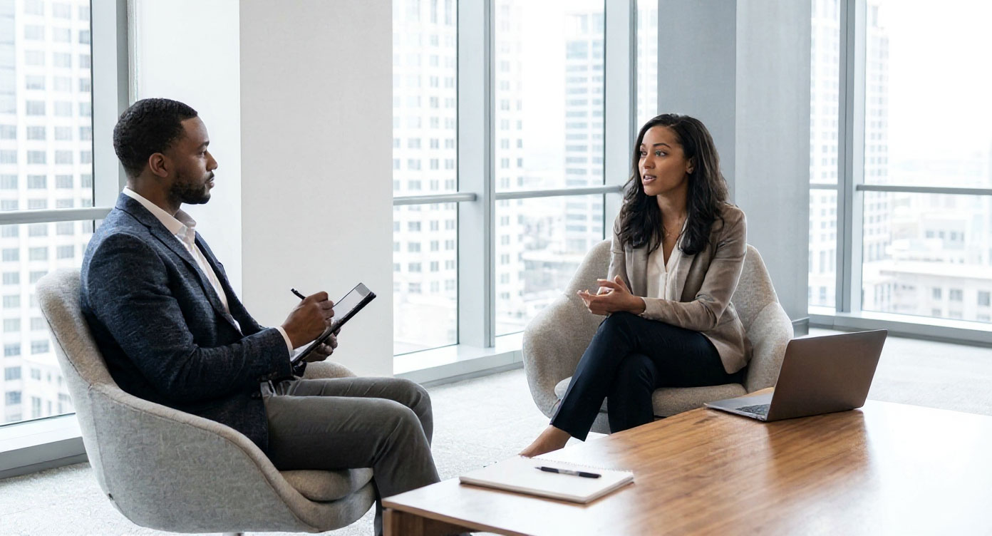 Two professionals in a modern office having a strategic interview conversation—one taking notes with focused attention, the other responding thoughtfully. Minimalist tech office setting with natural lighting.