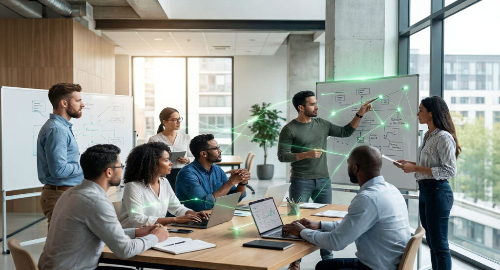Diverse team members from different departments collaborating in a modern office—engineers, product managers, and designers engaged in focused discussion and active listening.
