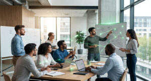 Diverse team members from different departments collaborating in a modern office—engineers, product managers, and designers engaged in focused discussion and active listening.