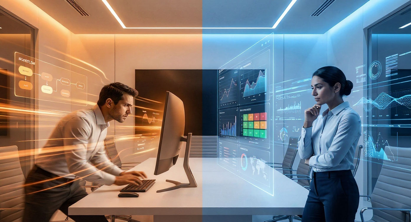 Two professionals in a modern tech office: left figure working urgently on a priority task with warm lighting; right figure analyzing severity metrics with cool analytical lighting. Split composition in minimalist conference room with LED accents.
