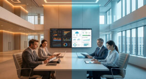 Business leaders analyzing IT cost optimization dashboards in a modern office— left side showing complex spending data, right side showing optimized streamlined systems with improved efficiency metrics.