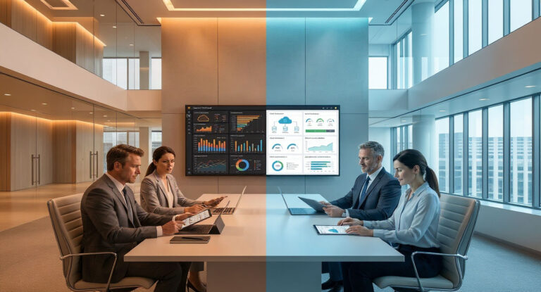Business leaders analyzing IT cost optimization dashboards in a modern office— left side showing complex spending data, right side showing optimized streamlined systems with improved efficiency metrics.